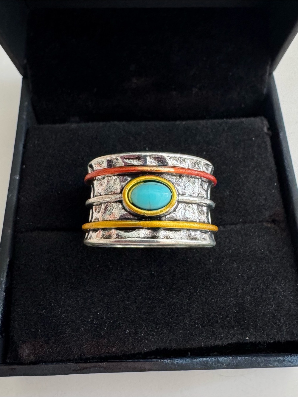 Turquoise Accent Wide Silver Band Ring with Colorful Wire Detailing